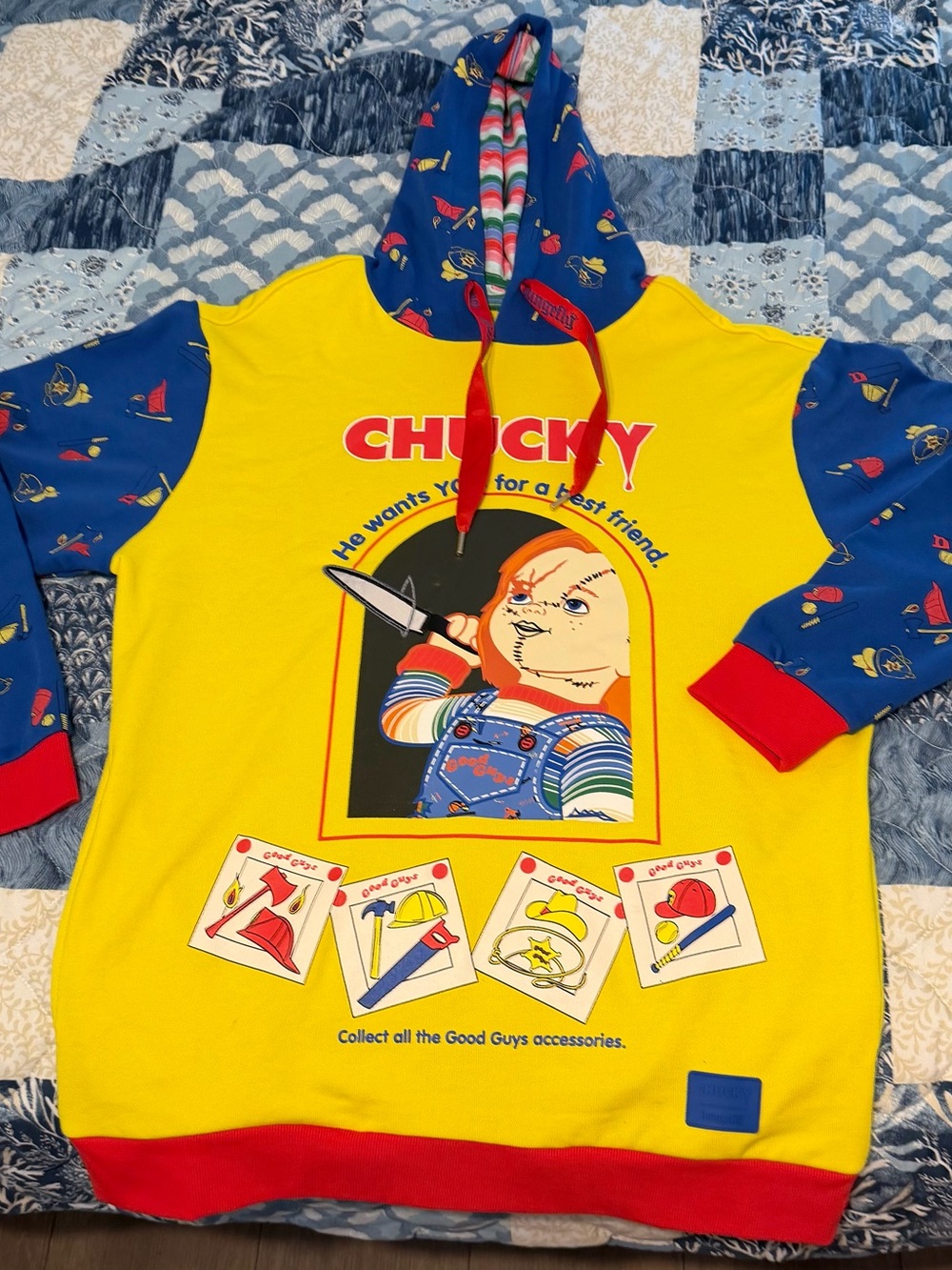 Loungefly Chucky Yellow & Blue Kids Hoodie with Red Accents